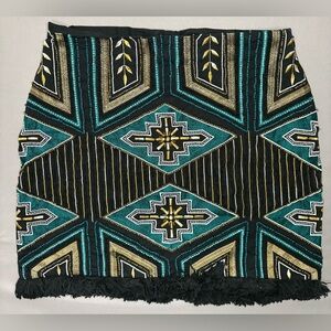 H&M Beaded Black Teal Gold Embroidered Raw Tassel Hem Zip Mini Skirt